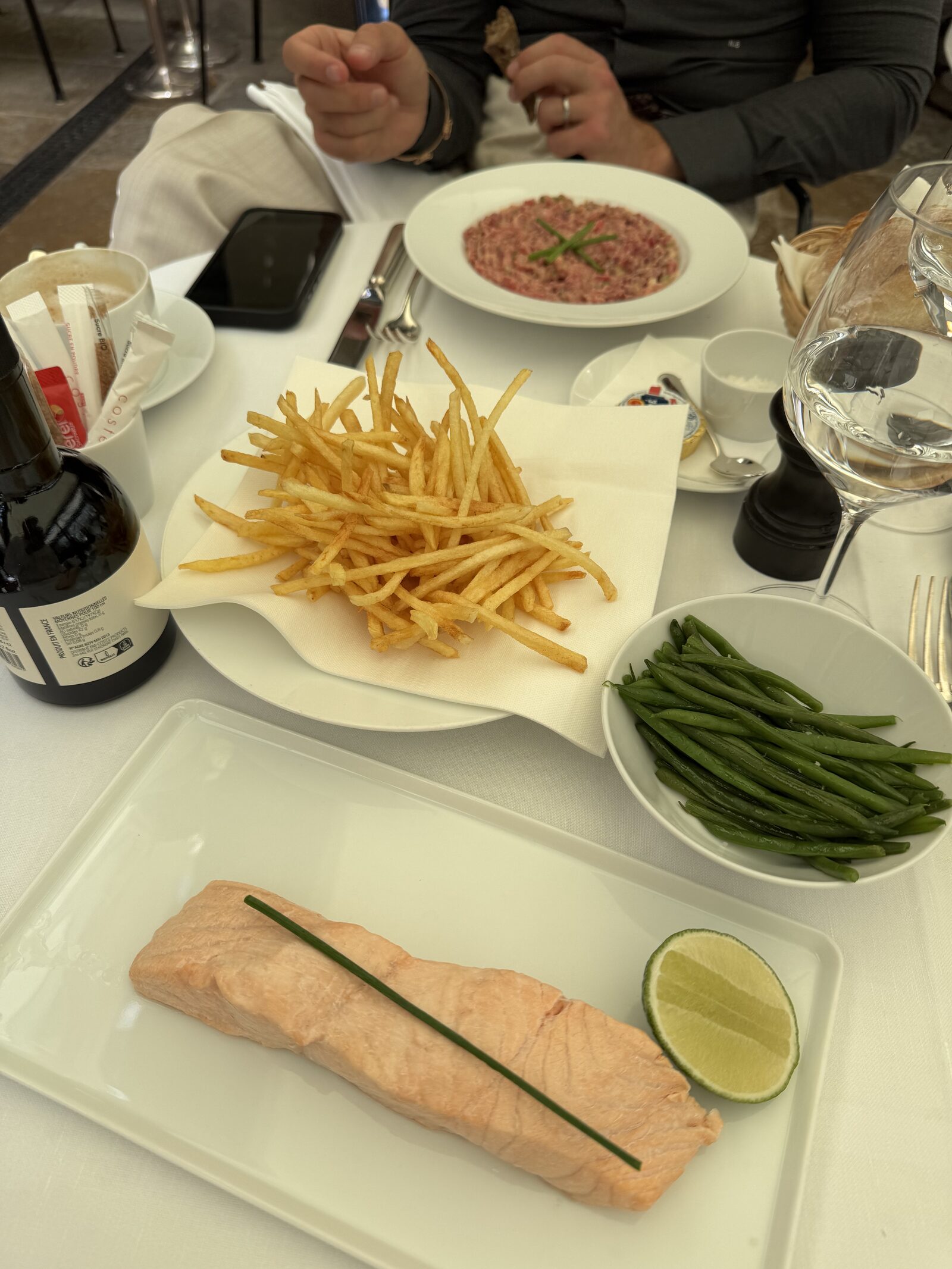 Steamed salmon, tartare and frites