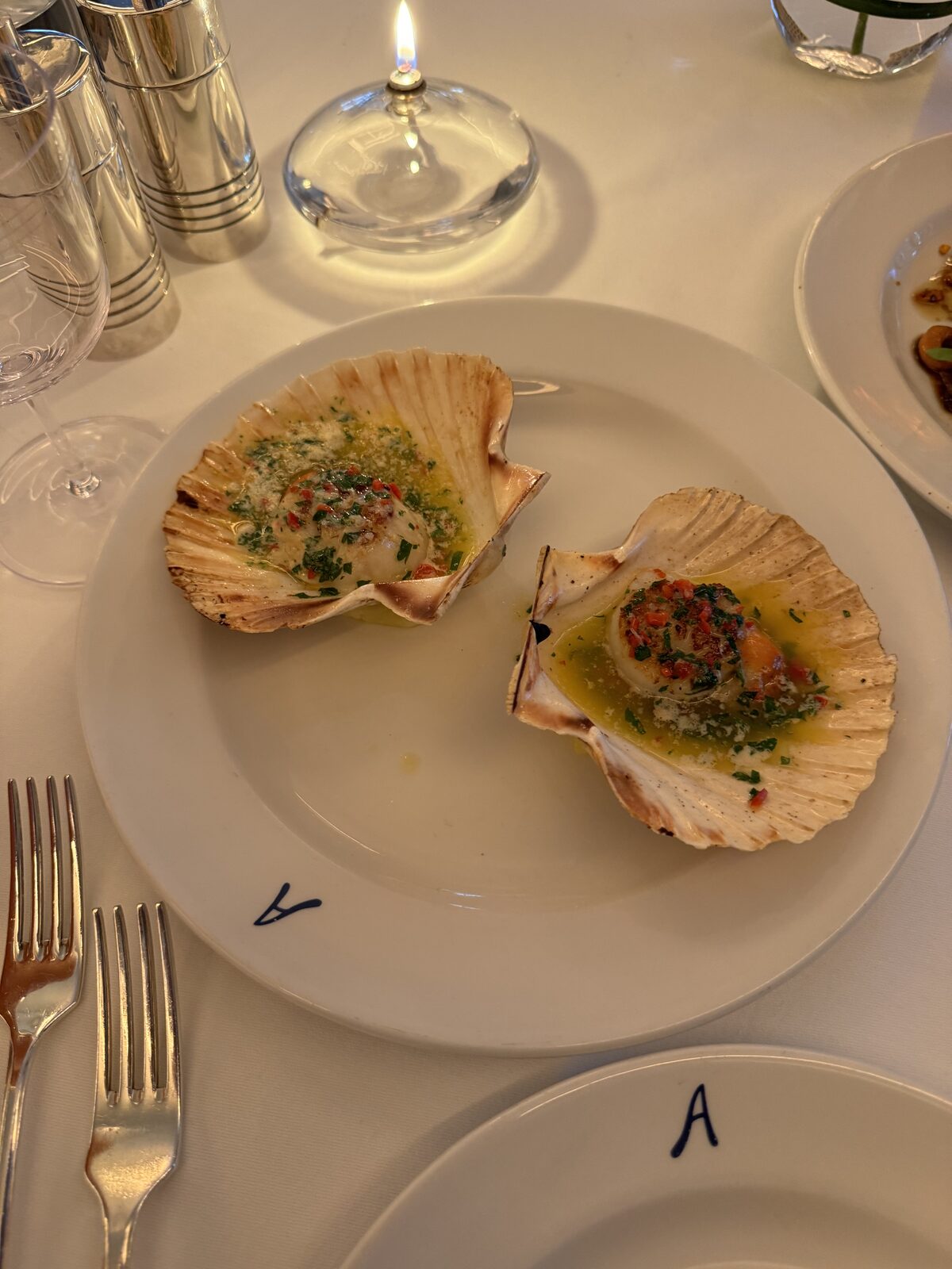 Grilled scallops in the shell, chilli and herb butter