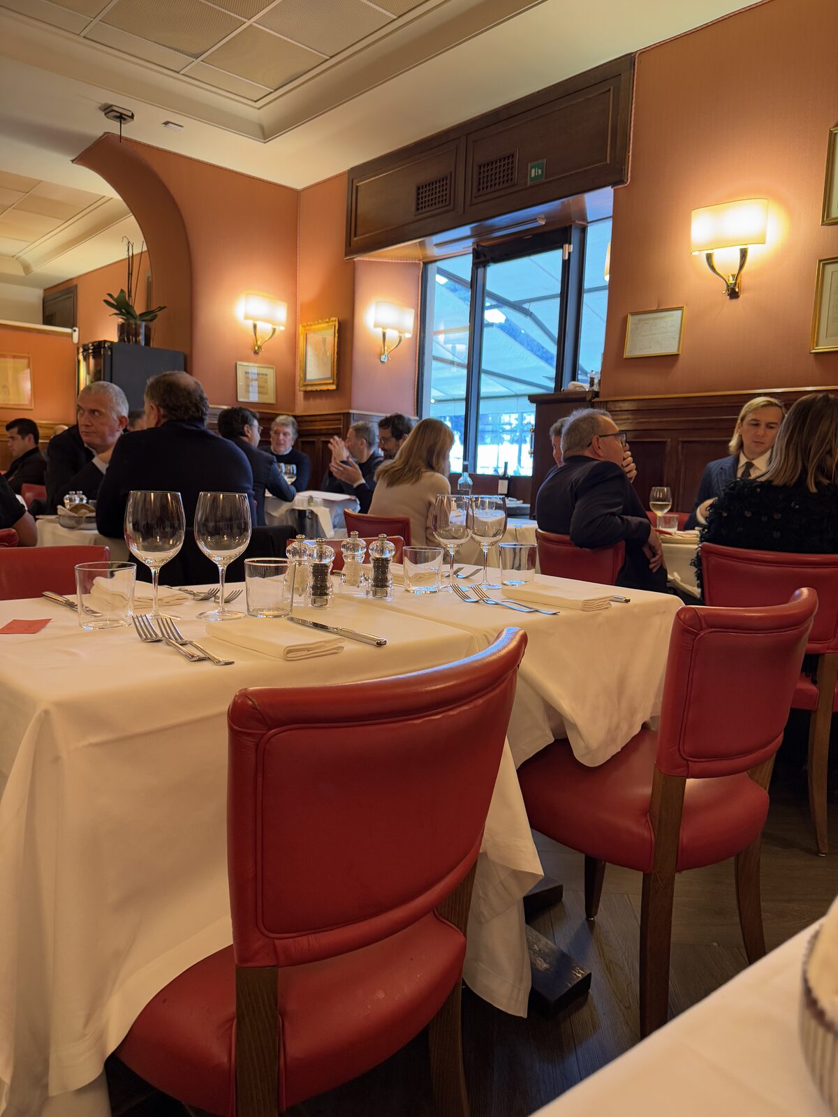 The red-leather dining room at lunch